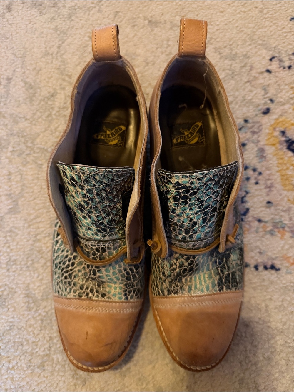 freebird Teal Snake-Print & Tan Leather Ankle Booties